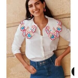 Boden Embroidered White Blouse with Pink and Blue Accents